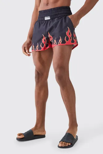 Men's Fighter Style Flame Printed Swim Shorts - Black - S, Black