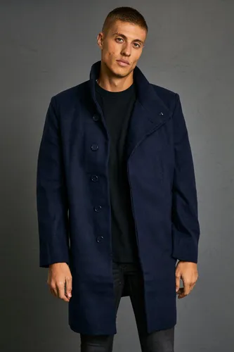 Men's Funnel Neck Wool Look Overcoat - Navy - S, Navy