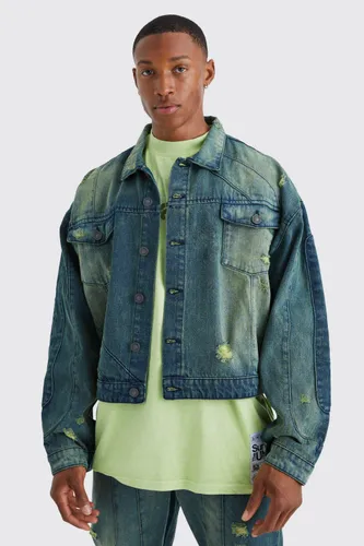 Mens Green Boxy Fit Panelled Tinted Denim Jacket, Green