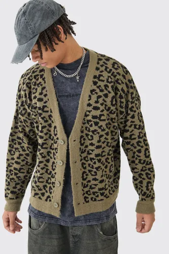 Mens Green Boxy Oversized Brushed Leopard All Over Cardigan, Green