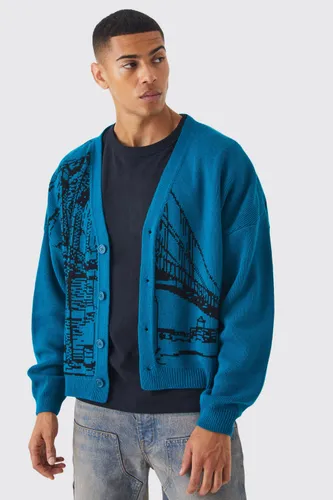 Mens Green Boxy Oversized Line Graphic Cardigan, Green