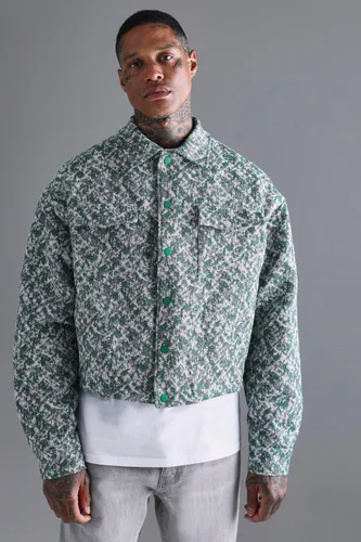 Mens Green Boxy Textured Jacquard Collared Jacket, Green