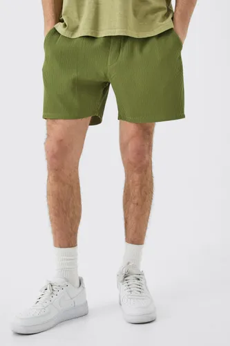 Mens Green Elasticated Waist Pleated Drawcord Shorts, Green