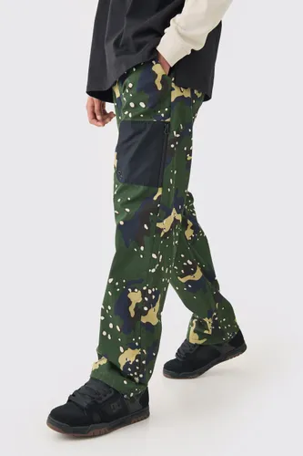 Mens Green Elasticated Waist Relaxed Fit Belted Twill Camo Trouser, Green