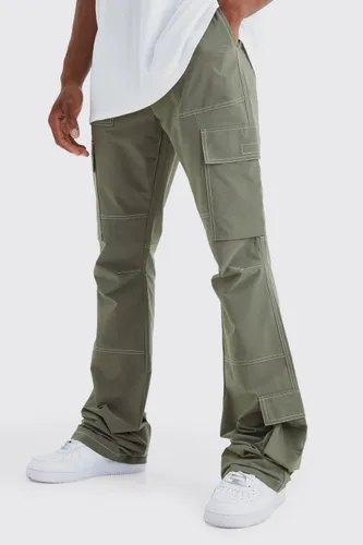 Mens Green Elasticated Waist Slim Flare Contrast Stitch Cargo Trouser, Green