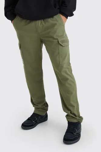 Mens Green Elasticated Waist Straight Felt Detail Cargo Trouser, Green