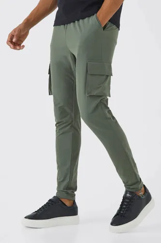 Mens Green Elasticated Waist Technical Stretch Skinny Cargo Trouser, Green