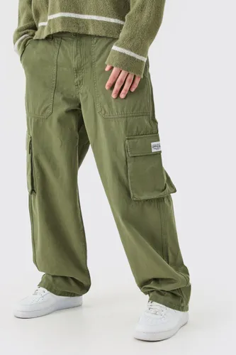 Mens Green Fixed Waist Cargo Zip Trouser With Woven Tab, Green
