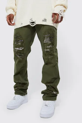 Mens Green Fixed Waist Straight Stacked Camo Rip Cargo Trousers, Green