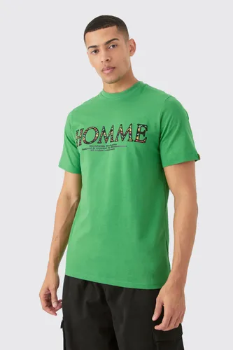 Mens Green Homme Embroidered Graphic T-shirt, Green