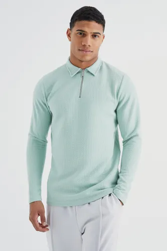 Mens Green Long Sleeve Slim Cable Textured Polo, Green