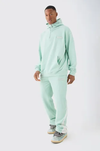 Mens Green Oversized 1/4 Zip Washed Hooded Loopback Tracksuit, Green