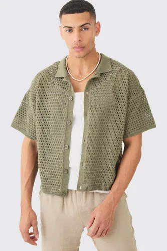 Mens Green Oversized Boxy Textured Open Stitch Knit Shirt In Khaki, Green
