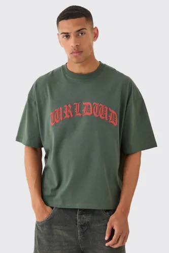 Mens Green Oversized Boxy Worldwide T-shirt, Green