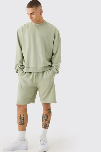 Mens Green Oversized Extended Neck Heavyweight Sweatshirt Short Tracksuit, Green
