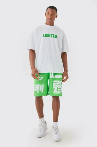 Mens Green Oversized Extended Neck Limited T-shirt & Mesh Short Set, Green