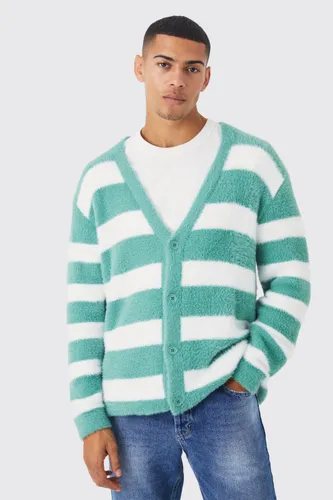 Mens Green Oversized Stripe Fluffy Cardigan, Green