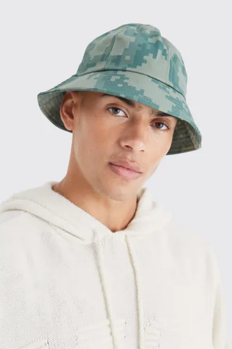 Mens Green Pixelated Camo Bucket Hat, Green