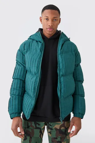 Mens Green Pleated Puffer With Hood, Green