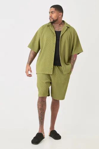 Mens Green Plus Drop Revere Pleated Shirt & Short Set In Khaki, Green