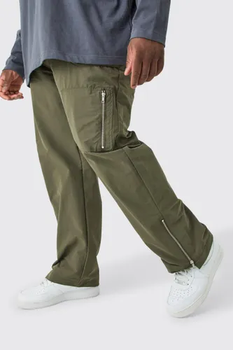 Mens Green Plus Fixed Waist Relaxed Peached Cargo Trouser, Green