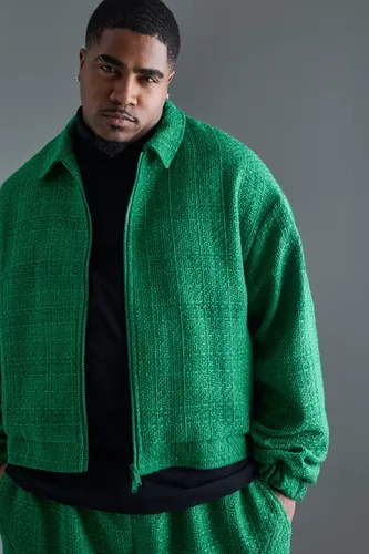 Mens Green Plus Oversized Boxy Boucle Zip Through Jacket, Green