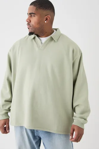 Mens Green Plus Oversized Revere Rugby Sweatshirt Polo, Green