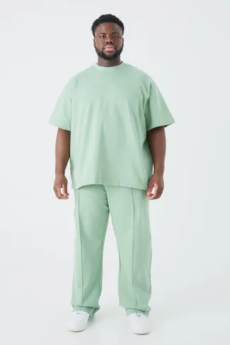 Mens Green Plus Oversized T-shirt & Relaxed Jogger Interlock Set, Green
