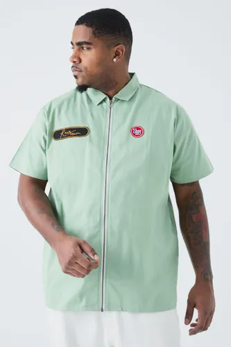 Mens Green Plus Short Sleeve Twill Zip Moto Shirt, Green
