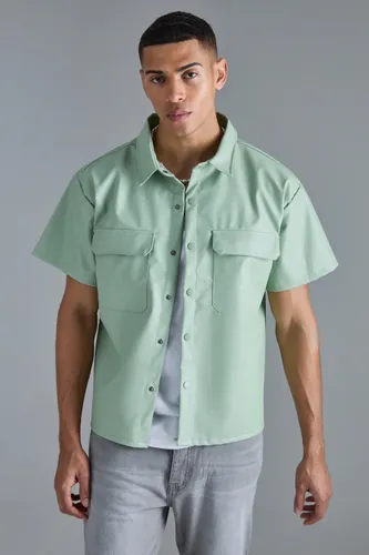 Mens Green Pu Boxy Popper Patch Pocket Shirt, Green