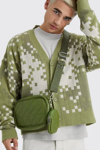 Mens Green Quilted Cross Body Bag With Attachment, Green