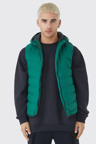 Mens Green Quilted Gilet With Hood, Green