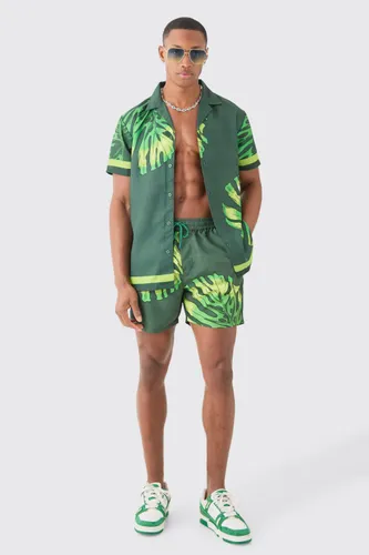 Mens Green Regular Leaf Shirt & Swim Short Set, Green