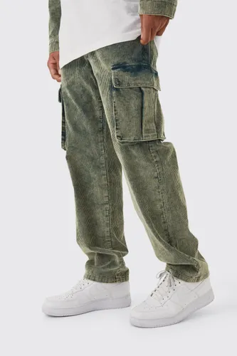 Mens Green Relaxed Acid Wash Corduroy Cargo Trouser, Green