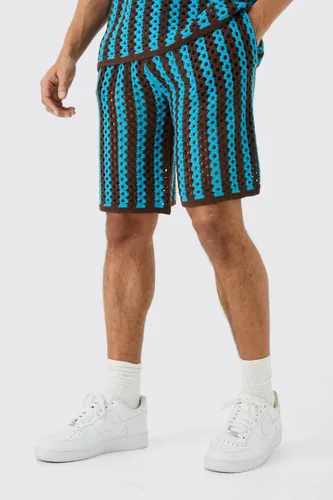 Mens Green Relaxed Open Stitch Knitted Shorts, Green