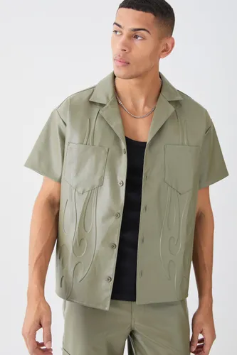 Mens Green Short Sleeve Drop Revere Boxy Pu Embossed Shirt, Green