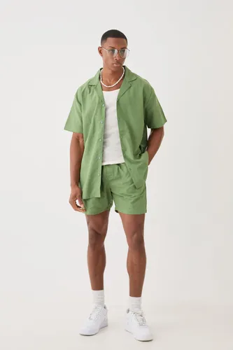 Mens Green Short Sleeve Oversized Linen Shirt & Short Set, Green
