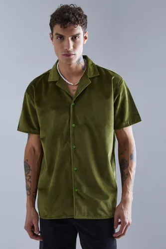 Mens Green Short Sleeve Oversized Velour Shirt, Green