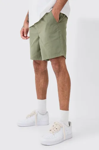 Mens Green Shorter Length Relaxed Fit Elasticated Waist Chino Shorts in Khaki, Green