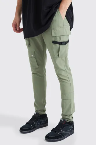 Mens Green Skinny Multi Pocket Cargo Buckle Trouser, Green