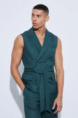 Mens Green Sleeveless Belted Double Breasted Blazer, Green