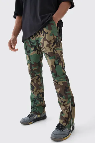 Mens Green Slim Flare Ripstop Camo Cargo Trouser With Zip Gusset, Green