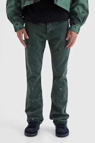 Mens Green Slim Rigid Flare Overdye Carpenter Jeans, Green
