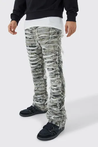 Mens Green Slim Stacked Flare Heavily Distressed Camo Trouser, Green