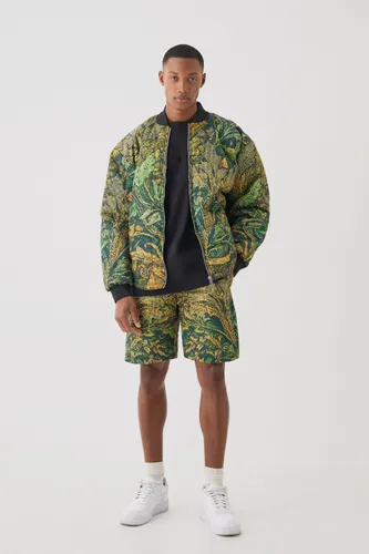 Mens Green Square Quilted Tapestry Short & Bomber Jacket Set, Green