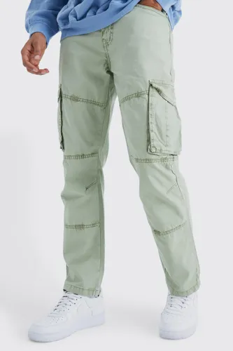 Mens Green Straight Leg Overdye Acid Wash Cargo Trouser, Green