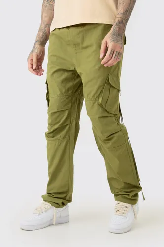 Mens Green Tall Elasticated Waist Straight Washed Ripstop Cargo Trouser, Green