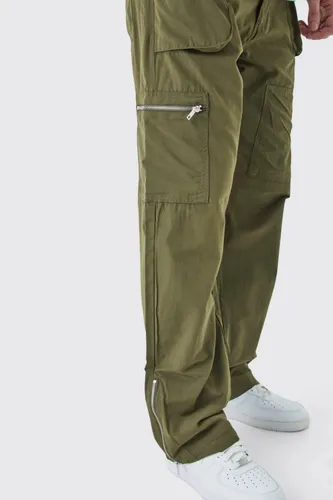 Mens Green Tall Fixed Waist Relaxed Peached Cargo Trouser, Green