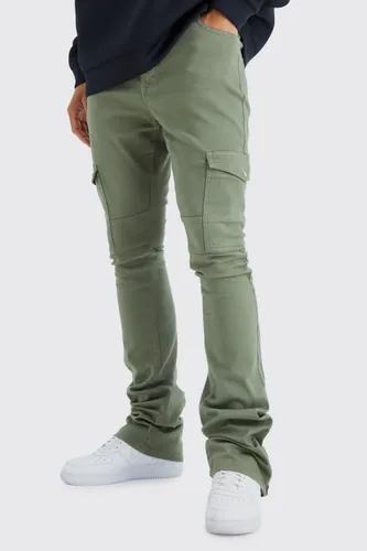 Mens Green Tall Fixed Waist Skinny Stacked Zip Gusset Cargo Trouser, Green
