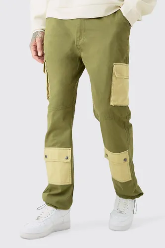 Mens Green Tall Fixed Waist Washed Twill Straight Leg Cargo Trouser, Green